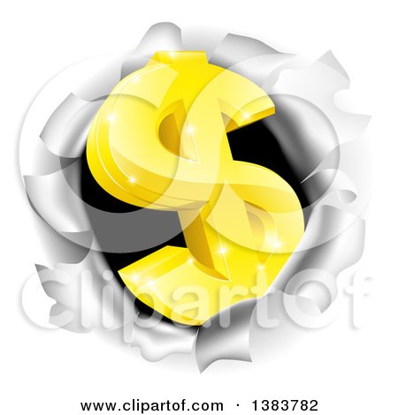 Clipart of a 3d Gold Dollar Currency Symbol Breaking Through a Hole - Royalty Free Vector Illustration by AtStockIllustration