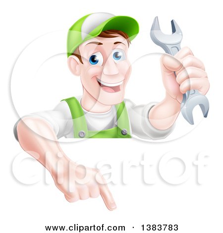 Clipart of a Happy Middle Aged Brunette Caucasian Mechanic Man in Green, Wearing a Baseball Cap, Holding a Wrench and Pointing down over a Sign - Royalty Free Vector Illustration by AtStockIllustration
