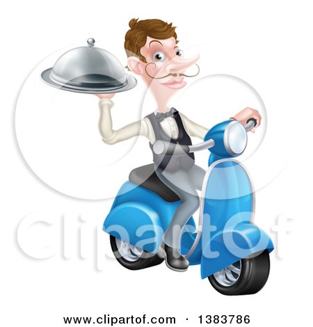 Clipart of a White Male Waiter with a Curling Mustache, Holding a Platter on a Delivery Scooter - Royalty Free Vector Illustration by AtStockIllustration