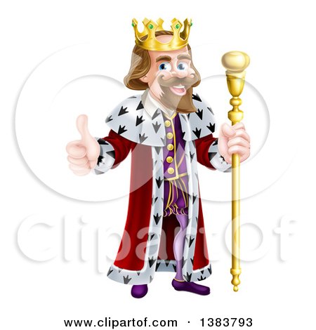 Clipart of a Happy Brunette White King Giving a Thumb up and Holding a Gold Sceptre - Royalty Free Vector Illustration by AtStockIllustration