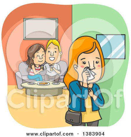 Clipart of a Cartoon Heart Broken Red Haired White Woman Discovering Her Man with Another Woman - Royalty Free Vector Illustration by BNP Design Studio