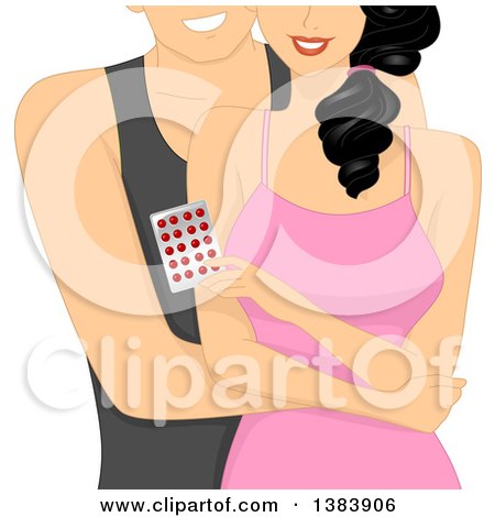 Clipart of a Man Standing Behind a Woman Holding Birth Control Contraceptive Pills - Royalty Free Vector Illustration by BNP Design Studio