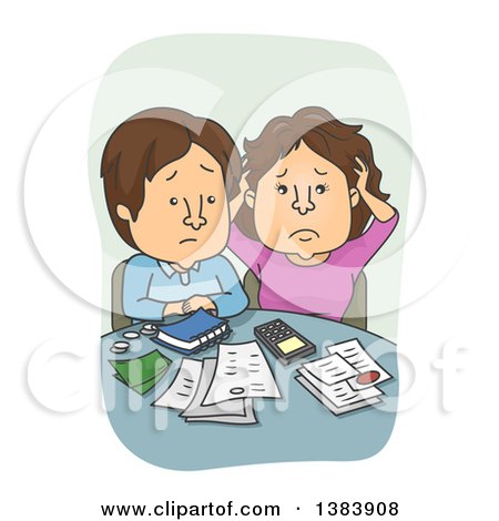 Clipart of a Cartoon Brunette White Couple Discussing Their Financial Problems - Royalty Free Vector Illustration by BNP Design Studio