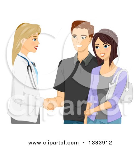 Clipart of a Blond White Female Doctor Shaking Hands with a Man and His Wife - Royalty Free Vector Illustration by BNP Design Studio