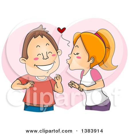Clipart of a Cartoon Brunette White Man Gushing While Being Kissed by a Red Haired Woman on His Cheek, over a Heart - Royalty Free Vector Illustration by BNP Design Studio