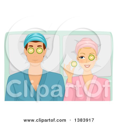 Clipart of a Caucasian Woman Holding a Cucumber and Peeking at Her Husband While Getting a Spa Treatment - Royalty Free Vector Illustration by BNP Design Studio