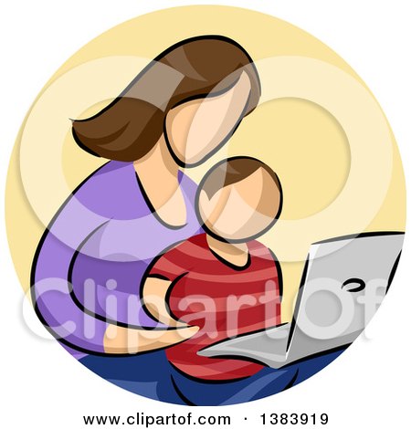 Clipart of a Sketched Faceless Brunette White Mother and Son Using a Laptop Computer in a Circle - Royalty Free Vector Illustration by BNP Design Studio