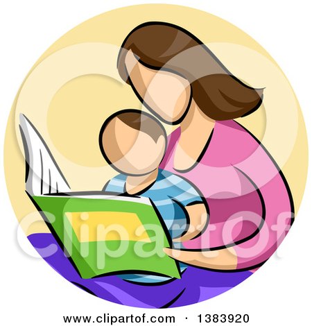 Clipart of a Sketched Faceless Brunette White Mother and Son Reading a Book in a Circle - Royalty Free Vector Illustration by BNP Design Studio