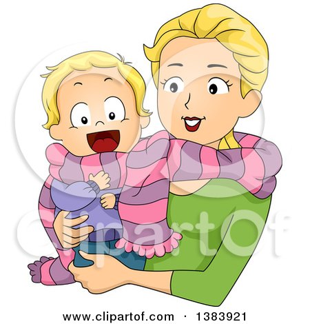 Clipart of a Happy Blond White Mother and Son Sharing a Scarf - Royalty Free Vector Illustration by BNP Design Studio