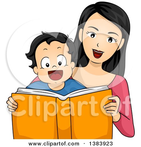 Clipart of a Happy Mother and Son Reading a Book Together - Royalty Free Vector Illustration by BNP Design Studio