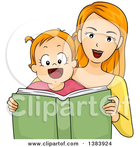 Clipart of a Happy Strawberry Blond White Mother and Daughter Reading a Book Together - Royalty Free Vector Illustration by BNP Design Studio