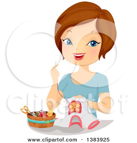 Clipart of a Happy Brunette White Woman Sewing a Patch on a Shirt - Royalty Free Vector Illustration by BNP Design Studio