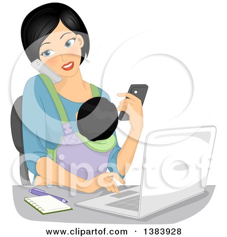 Clipart of a Woman Taking Multiple Calls While Holding Her Baby and Working from Home - Royalty Free Vector Illustration by BNP Design Studio