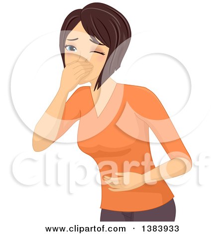 Clipart of a Sick Brunette White Woman Covering Her Mouth and Holding Her Belly, About to Throw up - Royalty Free Vector Illustration by BNP Design Studio