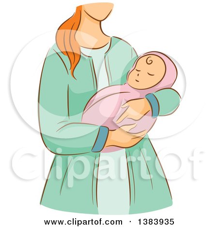 Clipart of a Sketched Red Haired White Woman Holding Her Newborn Baby - Royalty Free Vector Illustration by BNP Design Studio