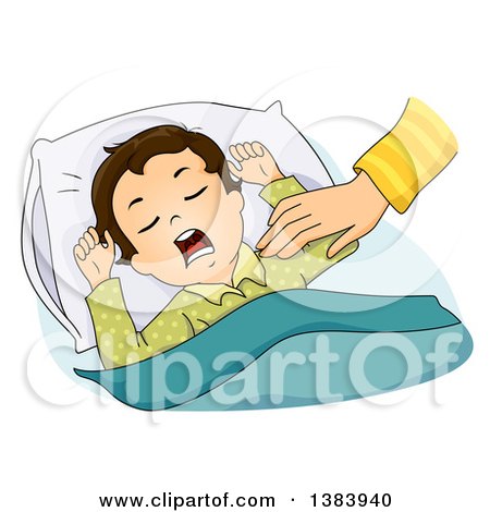 Clipart of a Mothers Hand Reaching out to Wake a Brunette White Sleeping Boy - Royalty Free Vector Illustration by BNP Design Studio