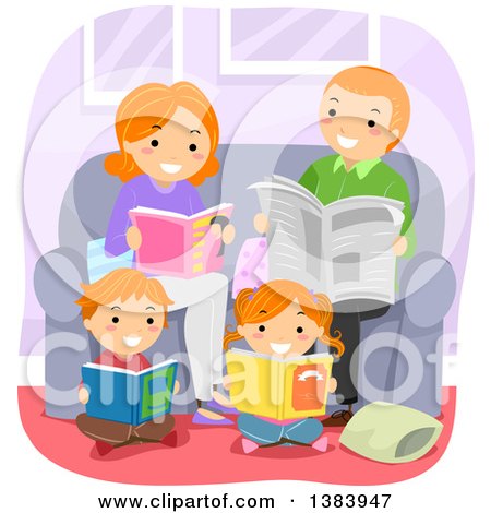 Clipart of a Happy Red Haired White Family Reading Books in a Living Room - Royalty Free Vector Illustration by BNP Design Studio