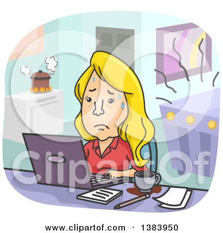 Clipart of a Cartoon Stressed Blond White Woman Trying to Balance Work and Family Responsibilities - Royalty Free Vector Illustration by BNP Design Studio