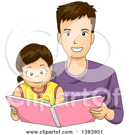 Clipart of a Happy Brunette White Father and Daughter Reading a Book - Royalty Free Vector Illustration by BNP Design Studio
