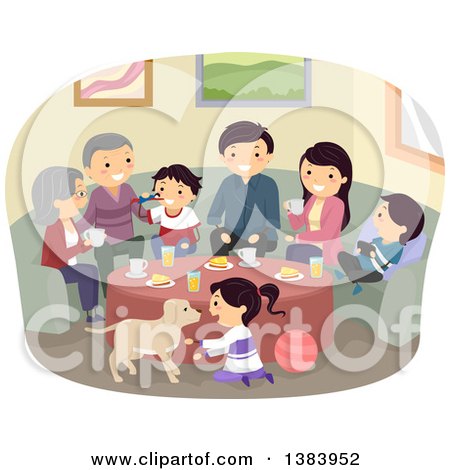 Clipart of a Happy Caucasian Family and Their Dog Gathered Around a Table - Royalty Free Vector Illustration by BNP Design Studio
