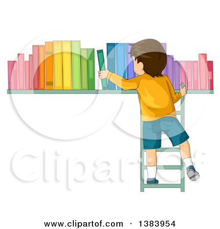 Clipart of a Rear View of a Brunette White Boy on a Ladder, Putting Books on a Shelf - Royalty Free Vector Illustration by BNP Design Studio