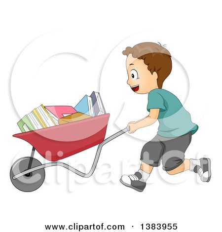 Clipart of a Brunette White Boy Pushing a Wheelbarrow Full of Books - Royalty Free Vector Illustration by BNP Design Studio