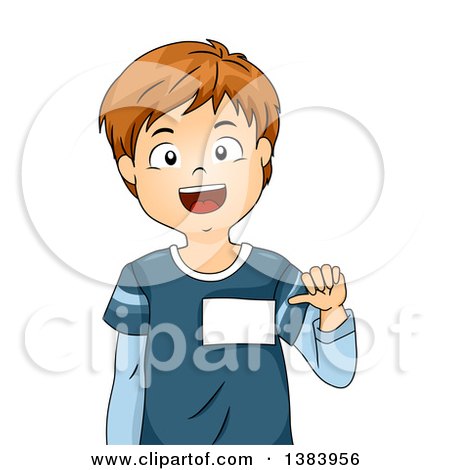 Clipart of a Brunette White Boy Showing His Name Tag - Royalty Free Vector Illustration by BNP Design Studio