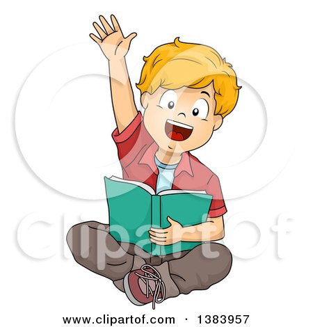 Clipart of a Blond White Boy Sitting, Reading and Raising His Hand - Royalty Free Vector Illustration by BNP Design Studio