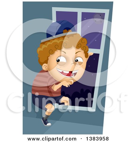 Clipart of a Sneaky White Boy Going out Through a Window at Night - Royalty Free Vector Illustration by BNP Design Studio