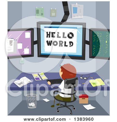 Clipart of a Rear View of a White Boy Writing Codes in His Room to Communicate to the World - Royalty Free Vector Illustration by BNP Design Studio