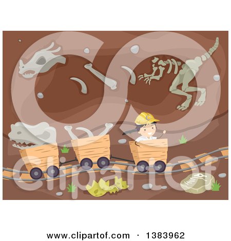 Clipart of a Happy Paleontologist Boy Riding in a Cart Underground with Fossils - Royalty Free Vector Illustration by BNP Design Studio