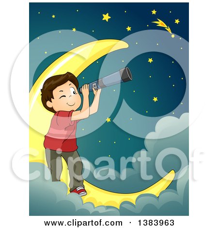 Clipart of a Brunette White Boy Using a Telescope and Star Gazing on a Crescent Moon in the Clouds - Royalty Free Vector Illustration by BNP Design Studio