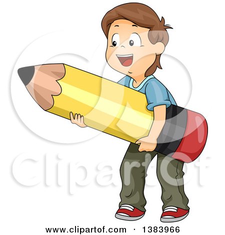 Clipart of a Happy Brunette White Boy Carrying a Giant Pencil - Royalty Free Vector Illustration by BNP Design Studio
