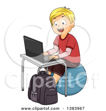 Clipart of a Happy Blond White School Boy Sitting on an Exercise Ball and Using a Laptop Computer - Royalty Free Vector Illustration by BNP Design Studio