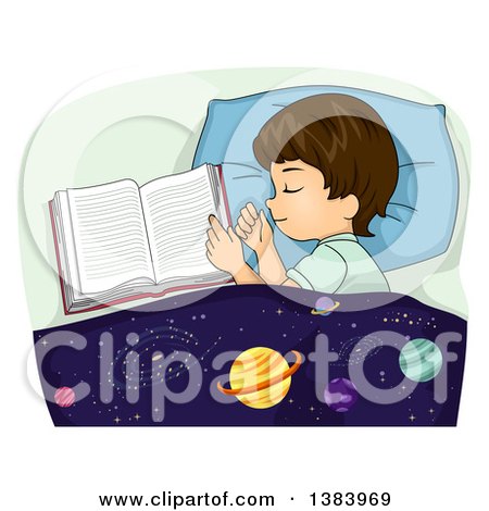Clipart of a Brunette White Boy Sleeping Next to an Open Book, an Astronomy Blanket over Him - Royalty Free Vector Illustration by BNP Design Studio