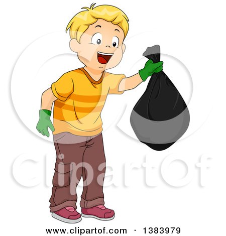 Clipart of a Blond White Boy Holding a Garbage Bag - Royalty Free Vector Illustration by BNP Design Studio