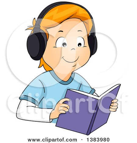 Clipart of a Happy Red Haired White Boy Wearing Headphones and Reading an Audio Book - Royalty Free Vector Illustration by BNP Design Studio