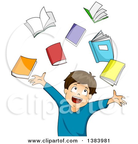 Clipart of a Happy Brunette White Boy Tossing up Books - Royalty Free Vector Illustration by BNP Design Studio
