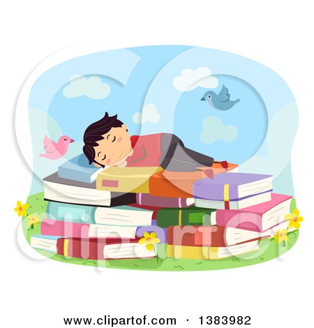 Clipart of a Brunette White Boy Sleeping on a Bed of Books Outdoors - Royalty Free Vector Illustration by BNP Design Studio