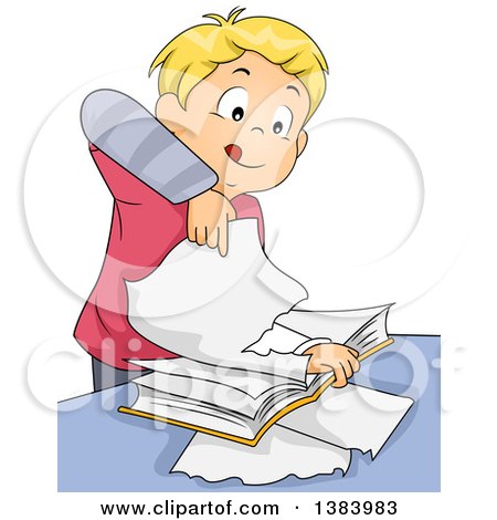 Clipart of a Blond White Boy Tearing Pages out of a Book - Royalty Free Vector Illustration by BNP Design Studio