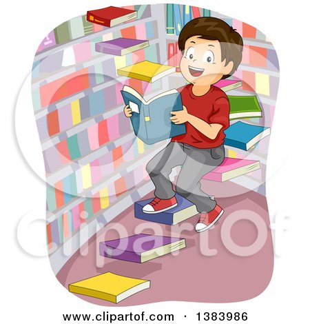 Clipart of a Happy Brunette White Boy on Floating Book Steps in a Library - Royalty Free Vector Illustration by BNP Design Studio