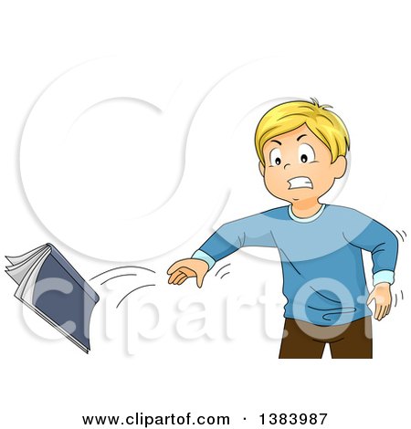 Clipart of a Mad Blond White Boy Throwing a Book - Royalty Free Vector Illustration by BNP Design Studio
