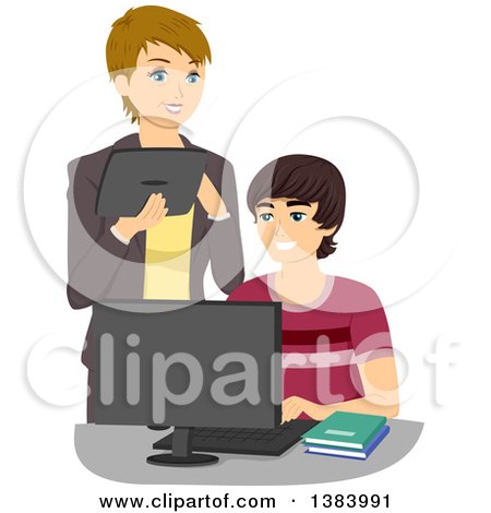 Clipart of a Brunette White Teenage Boy During a Computer Lesson with a Woman - Royalty Free Vector Illustration by BNP Design Studio