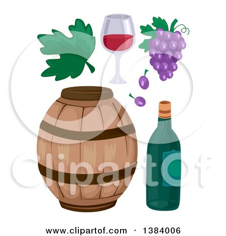 Clipart of a Wine Barrel, Bottle, Grapes, Leaf and Glass - Royalty Free Vector Illustration by BNP Design Studio
