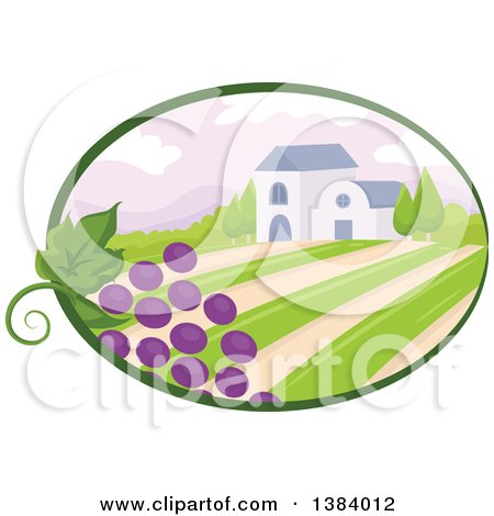 Clipart of a Vinyard Landscape and Building with Grapes in an Oval - Royalty Free Vector Illustration by BNP Design Studio