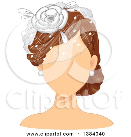 Clipart of a Faceless Brunette White Woman or Mannequin Wearing a Bridal Birdcage Veil - Royalty Free Vector Illustration by BNP Design Studio