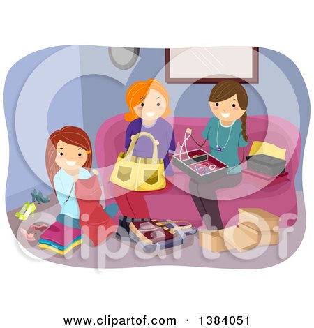 Clipart of a Group of White Women Working on Different Crafts in a Living Room - Royalty Free Vector Illustration by BNP Design Studio