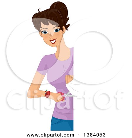 Clipart of a Happy Brunette White Woman Cutting a Fabric Banner - Royalty Free Vector Illustration by BNP Design Studio