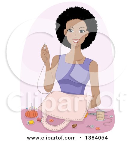 Clipart of a Happy Black Woman Making a Bag from Scratch - Royalty Free Vector Illustration by BNP Design Studio