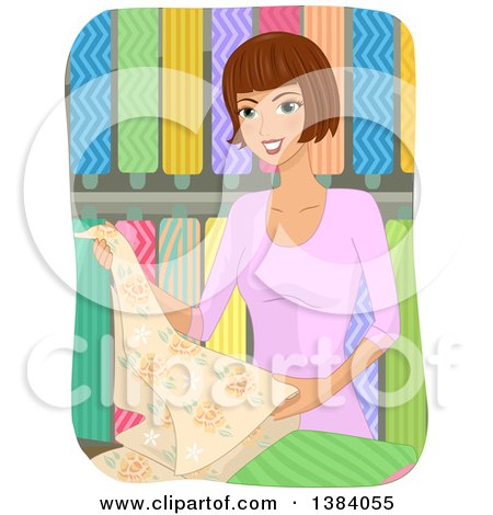 Clipart of a Brunette White Woman Selecting Textile Fabric - Royalty Free Vector Illustration by BNP Design Studio